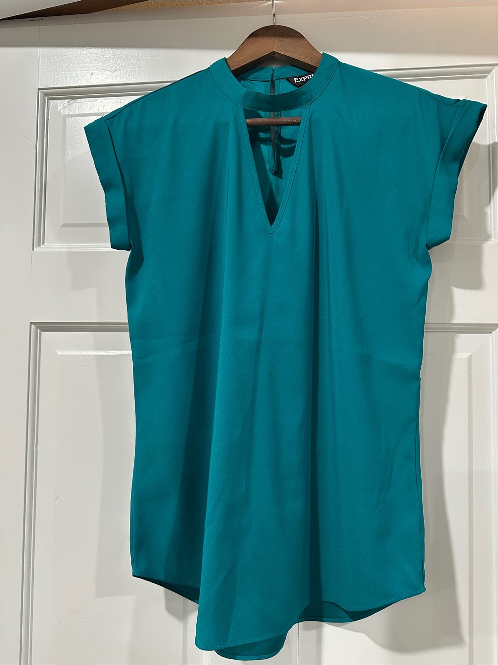 Express Teal Cap-Sleeve V-Neck Keyhole Blouse